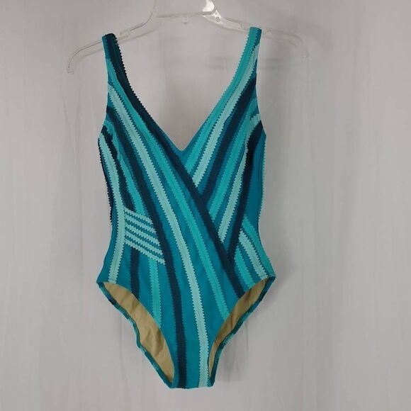 GOTTEX size 6 stripe Blue Teal Zig Zag Stripe One-Piece Swimsuit 818151. - Picture 1 of 7
